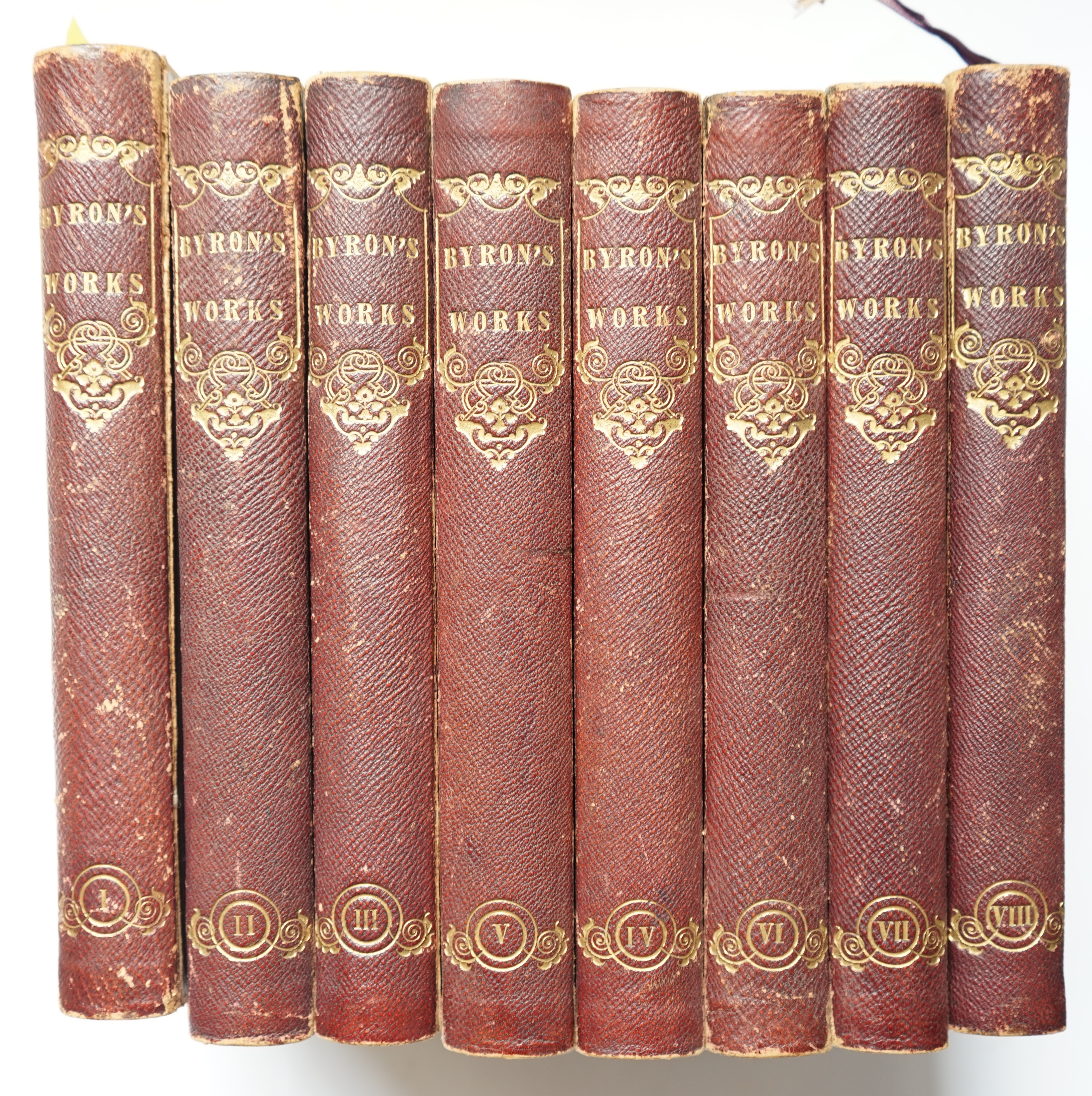 Byron, George Gordon Noel, Lord - The Works of Lord Byron, 6 vols, 8vo, red morocco, with portrait frontis to vol 1, John Murray, 1825 and, vols 7 & 8 uniformly bound, from an 8 volume set, John Murray, 1824, (8).
